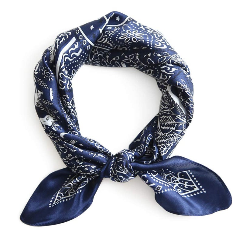MEISEE Pure Mulberry Silk Scarfs Women Small Square Scarf 21" x 21" Breathable Lightweight Neckerchief Printed Headscarf (A-30 Flowers-Blue) - Image 1