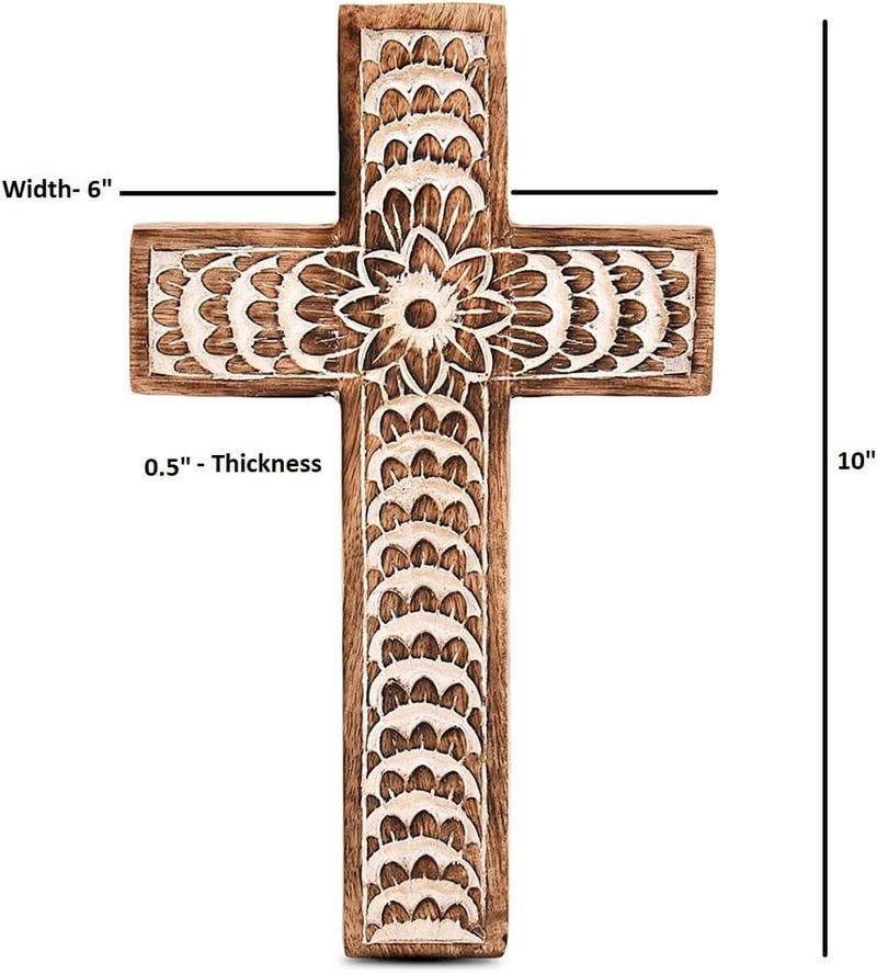 EDHAS Mango Wood White Cross Carved Floral-Design Family Cross Decor,Home Decoration (10" x 6" x 0.5") - Image 2