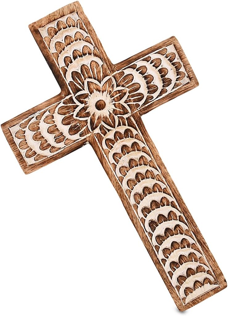 EDHAS Mango Wood White Cross Carved Floral-Design Family Cross Decor,Home Decoration (10" x 6" x 0.5") - Image 1