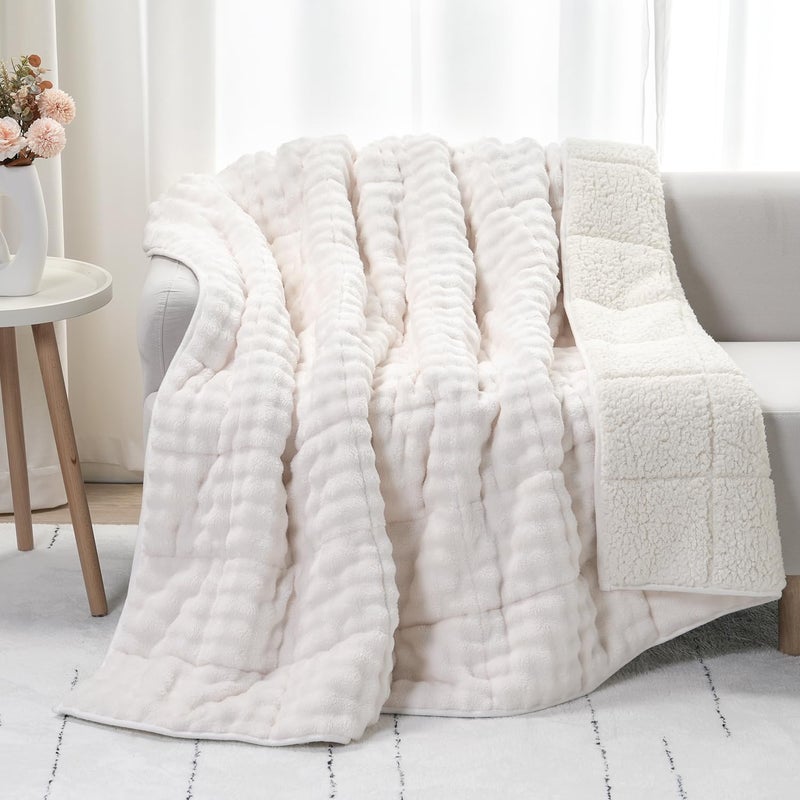 Cottonblue Weighted Blanket 15lbs Bubble Faux Fur Plush Sherpa Weighted Blankets for Adults Fits Queen Size Bed Cute Fuzzy Warm Heavy Blanket for Calm and Better Sleep 60x80 Cream White