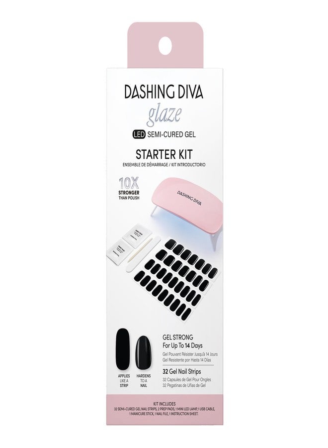 Dashing Diva Glaze Nail Starter Kit - Real Black - Long Lasting, Chip Resistant, Semi-Cured Gel Nail Strips - 7-Piece Manicure Set with 32 Strips and Mini LED Lamp - Image 1