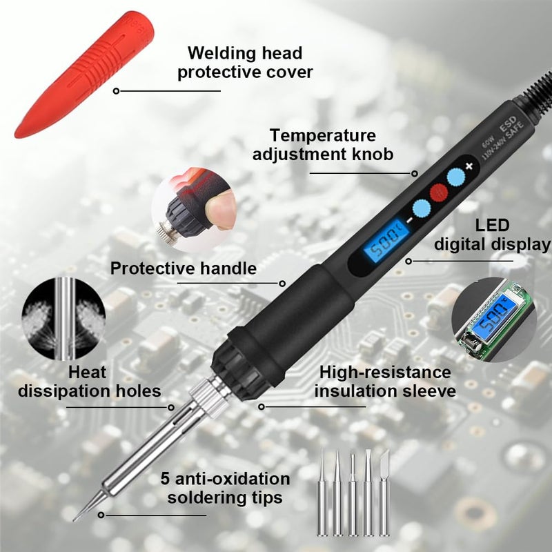 BATALO 60W Soldering Iron Kit with LED Display â€“ Adjustable Temperature 180-500Â°C Welding Tools with Tips, Wire, Flux, Desoldering Pump & Storage Case for DIY Electronics, Metal Repair - Image 2
