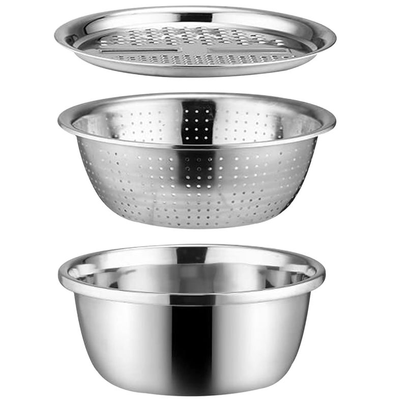 Nirelief Multifunctional Stainless Steel Basin 3 In 1 Multifunctional Stainless Steel Basin Colander And Grater Drain Basin with Mixing Bowl Slicer Rice Washing Bowl for Cooking and Food Storage 3pcs - Image 1