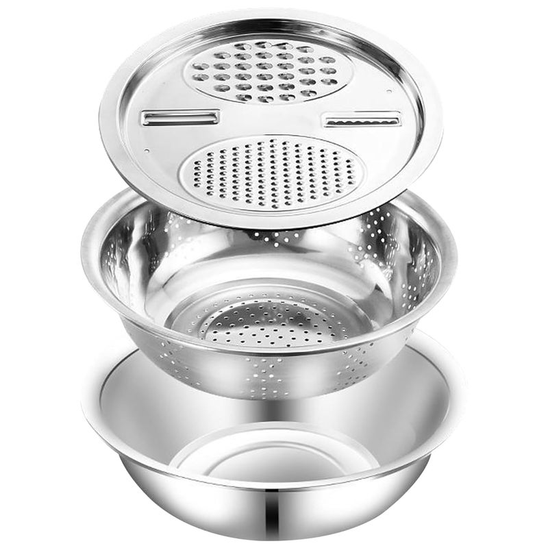 Nirelief Multifunctional Stainless Steel Basin 3 In 1 Multifunctional Stainless Steel Basin Colander And Grater Drain Basin with Mixing Bowl Slicer Rice Washing Bowl for Cooking and Food Storage 3pcs - Image 5