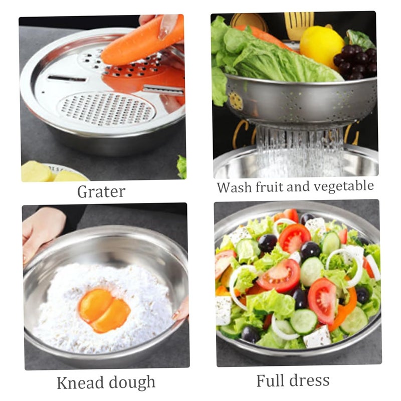 Nirelief Multifunctional Stainless Steel Basin 3 In 1 Multifunctional Stainless Steel Basin Colander And Grater Drain Basin with Mixing Bowl Slicer Rice Washing Bowl for Cooking and Food Storage 3pcs - Image 4