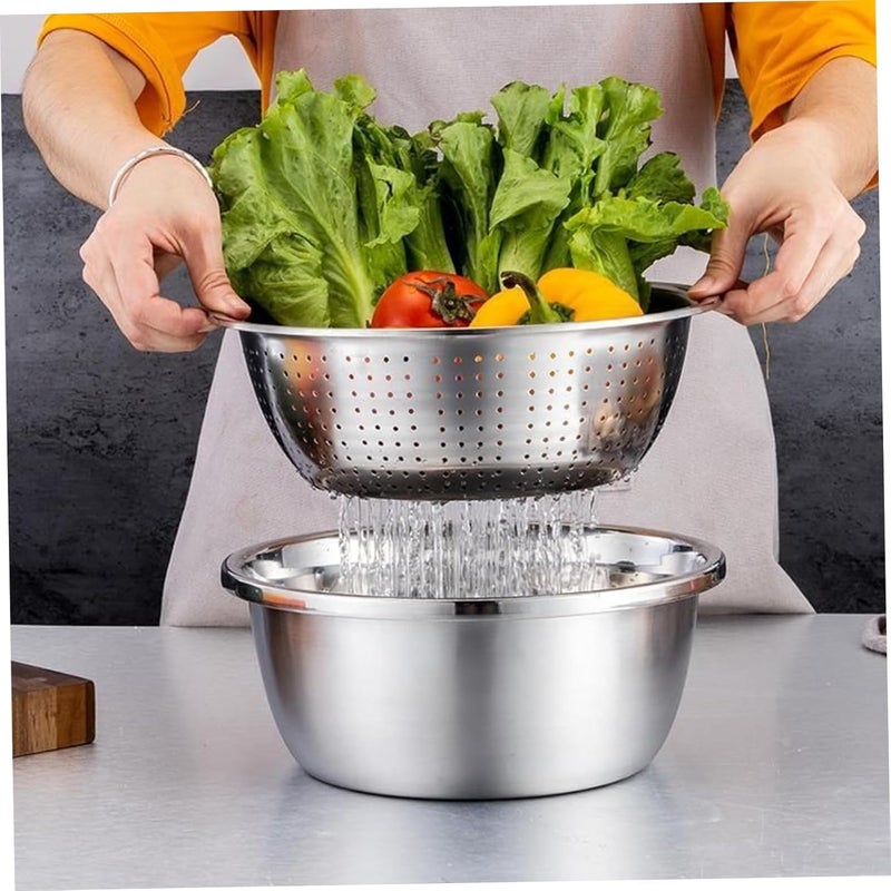 Nirelief Multifunctional Stainless Steel Basin 3 In 1 Multifunctional Stainless Steel Basin Colander And Grater Drain Basin with Mixing Bowl Slicer Rice Washing Bowl for Cooking and Food Storage 3pcs - Image 3