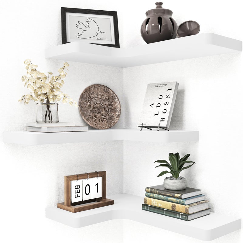 fuqing Corner Floating Shelves Wall Shelf Set of 3 Shelves for Wall Storage Solid Wood Shelves for Storage Wall Mount Wooden Display Shelf for Bathroom Bedroom Kitchen Garage White