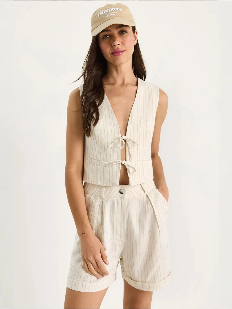 LUCCI Striped V-Neck Two-Piece Coord Set with Tie Detail