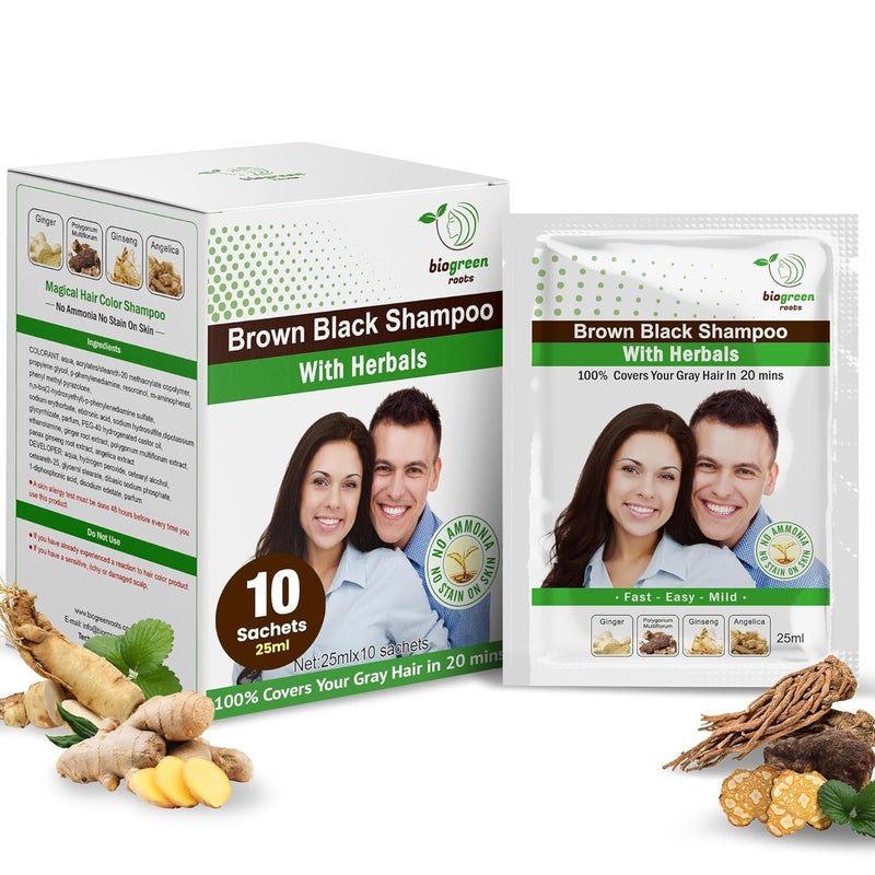 BIOGREEN ROOTS AmmoniaFree Herbal Hair Shampoo  Effectively Covers Gray Hair for Men and Women  Natural Color and Herbal Nourishment  No Stain on Skin  Brown Black 10 sachets x 25 ml