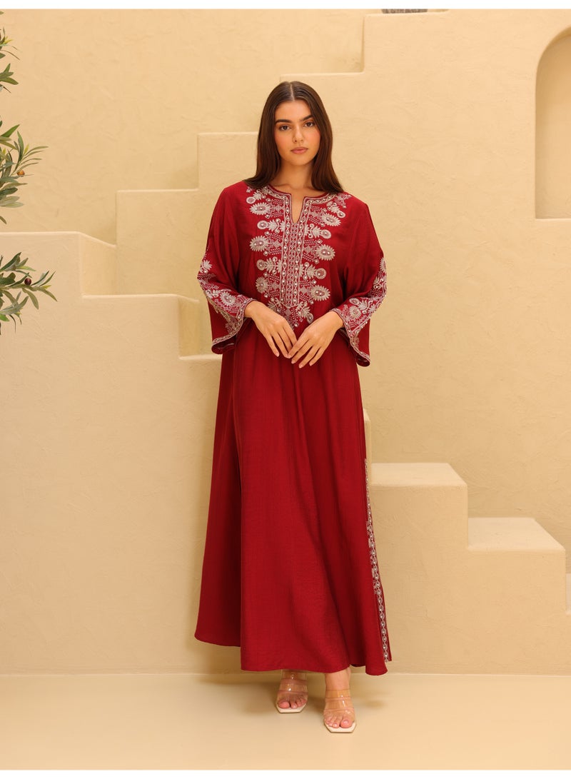 IKKXA Solid Casual Jalabiya Embroidery Details on Front and Sides IK4023 Red - Image 1