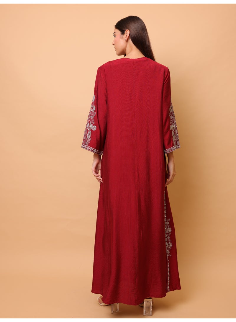 IKKXA Solid Casual Jalabiya Embroidery Details on Front and Sides IK4023 Red - Image 4