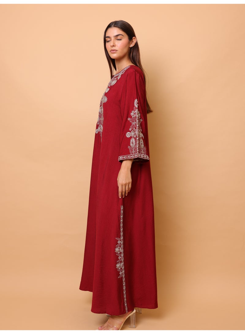 IKKXA Solid Casual Jalabiya Embroidery Details on Front and Sides IK4023 Red - Image 3