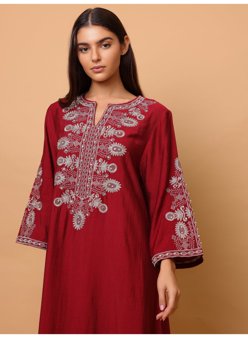 IKKXA Solid Casual Jalabiya Embroidery Details on Front and Sides IK4023 Red - Image 2