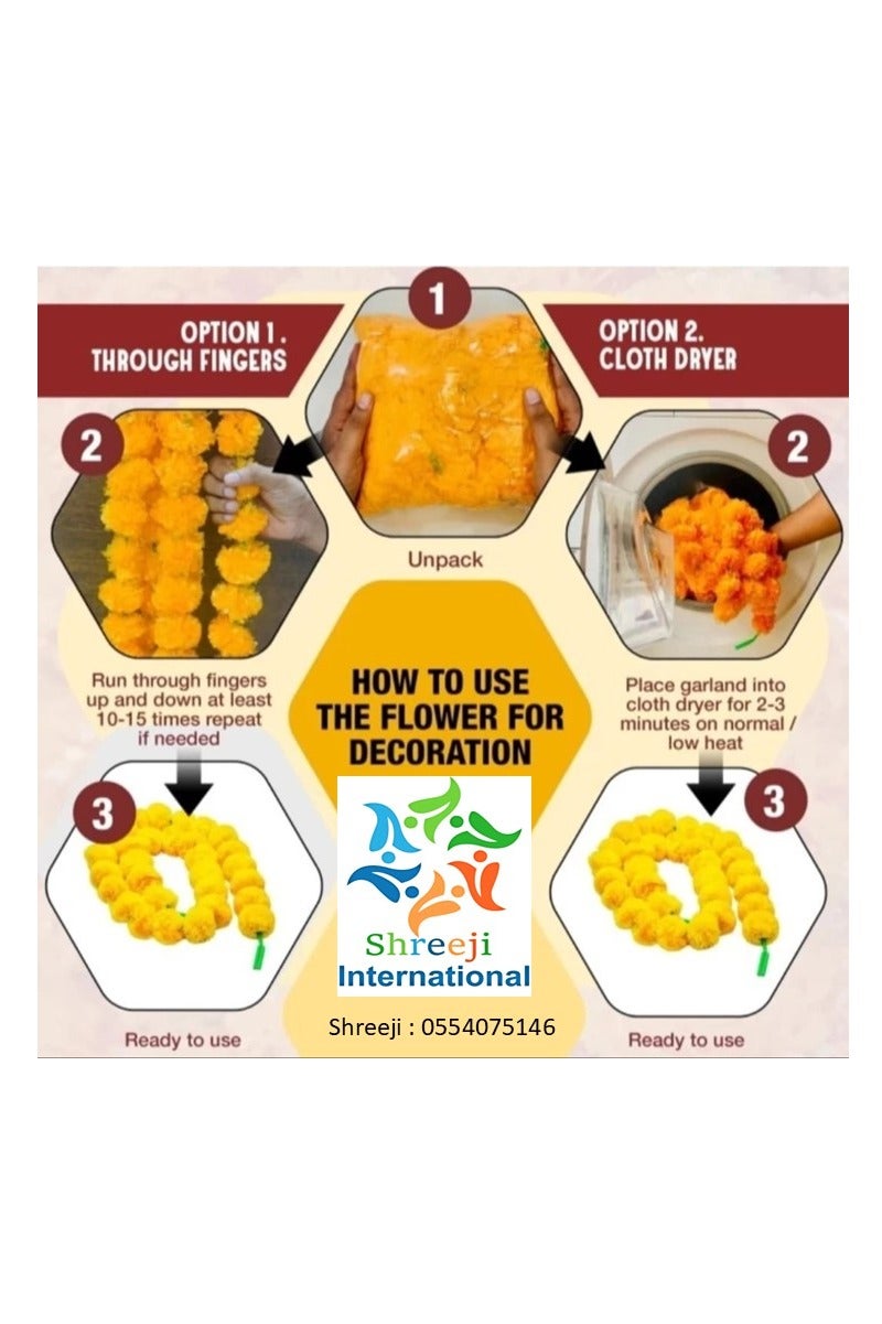 Shreeji Artificial Marigold Garland – Pack of 5, 5.1 ft Each | 34 Flowers per String | 3-Inch Blooms – Largest & Longest in Market | Indian Festival & Wedding Decor - Image 4