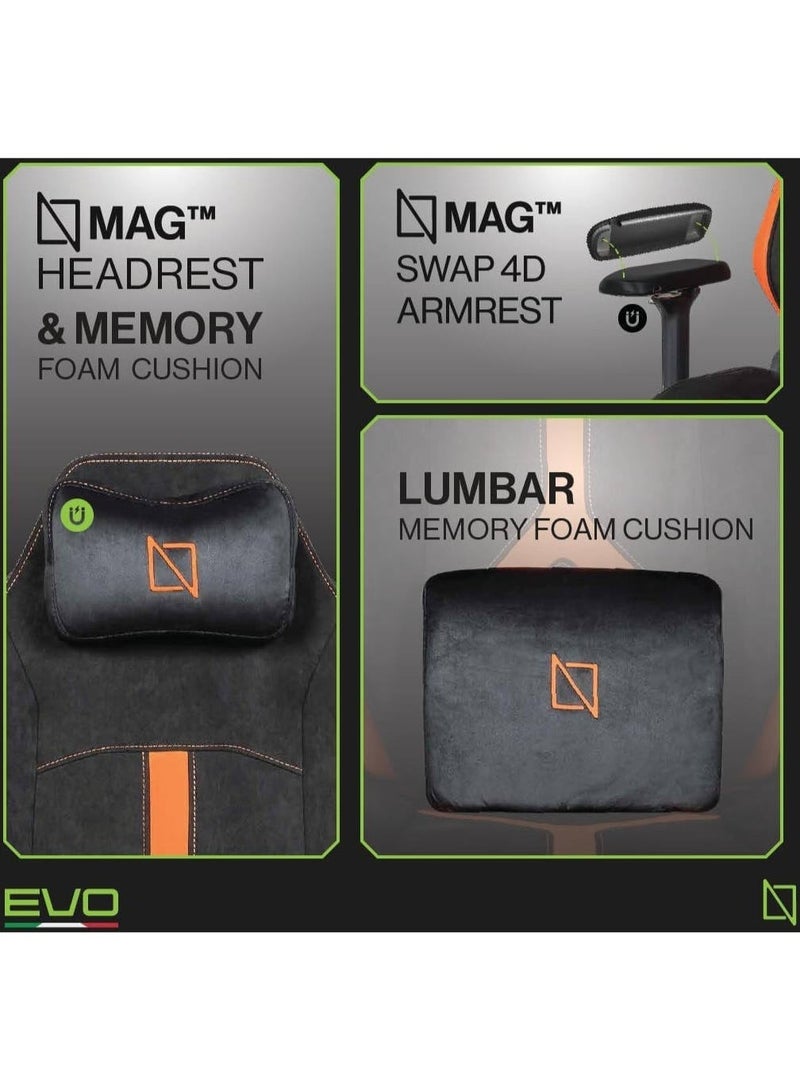 نافوديسك كرسي ألعاب Navodesk Apex Pro Max Evo Series بظهر مرتفع، مساند ذراعين معدنية قابلة للتبديل (MAG) رباعية الأبعاد (4D)، دعم قطني رباعي الاتجاهات، نظام هيدروليكي من الفئة الرابعة (Class 4)، إمكانية الإمالة حتى 155 درجة، قماش HyperSuede، لون برتقالي ناري (Flaming Orange) | APEXMAX-EVO-FLO - Image 5