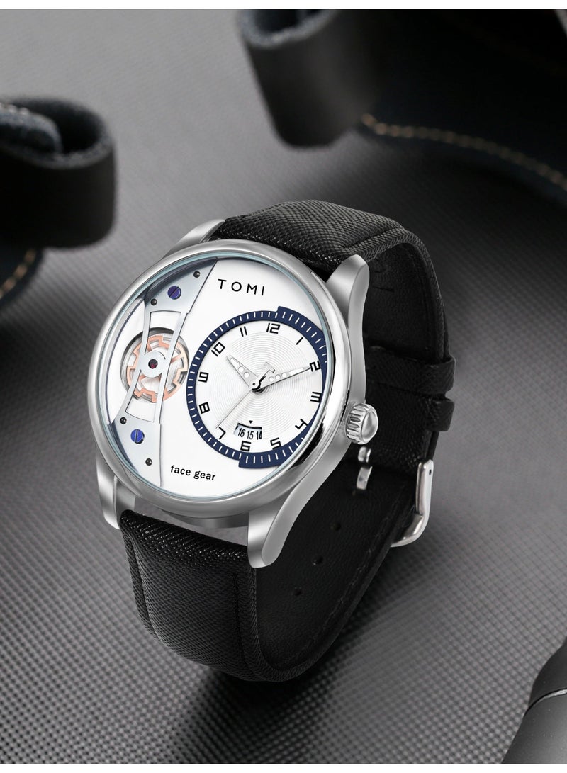 تومي تأتي ساعة TOMI New Series الرجالية الكوارتز مع حزامين جلديين أنيقين، وهي ساعة رجالية مقاومة للماء، بتصميم جديد رائج، ومينا فضي/علبة فضية. - Image 2