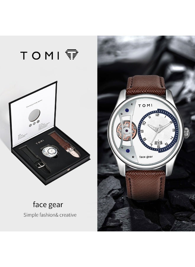 تومي تأتي ساعة TOMI New Series الرجالية الكوارتز مع حزامين جلديين أنيقين، وهي ساعة رجالية مقاومة للماء، بتصميم جديد رائج، ومينا فضي/علبة فضية. - Image 1