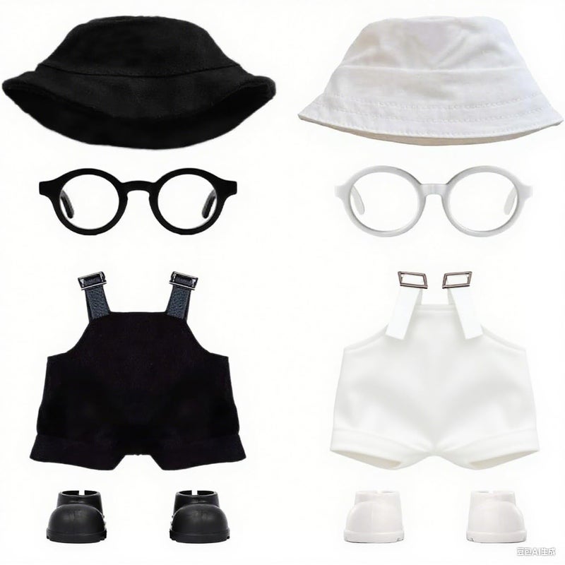 VVQUI 2PCS Doll Clothes Set for 17cm Dolls Stylish Outfit with 2 Hat 2 Overalls 2 Shoes 2 Glasses of Clothes Designer Cute Clothes for Dress up Unique Style BlackWhite Doll Not Included - Image 3