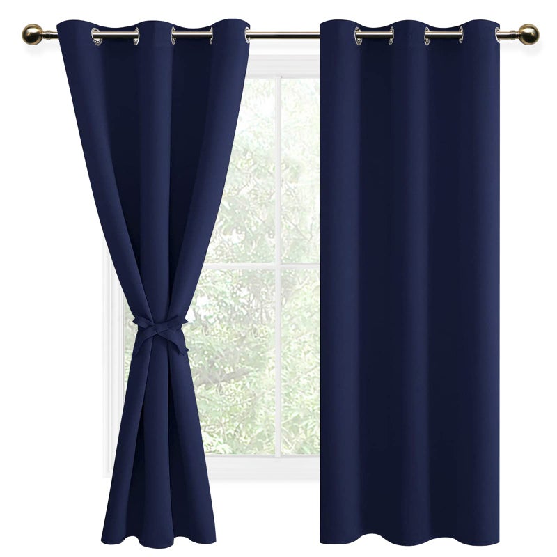DWCN Blackout Curtains for Bedroom Sewn with Tiebacks  Thermal Insulated Energy Efficient Grommet Drape Curtains for Living Room 42 x 63 inch Length Navy Blue 2 Panels