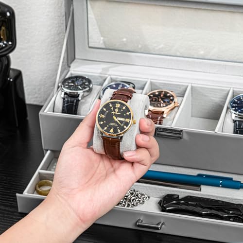 ProCase Watch Box for Men, 6 Slot Watch Display Case with Drawer, Mens Watch Case With Glass Lid, 2-Layer Jewelry and Watch Storage Watch Holder Organizer for Men Women -6 Slot, Grey - Image 4