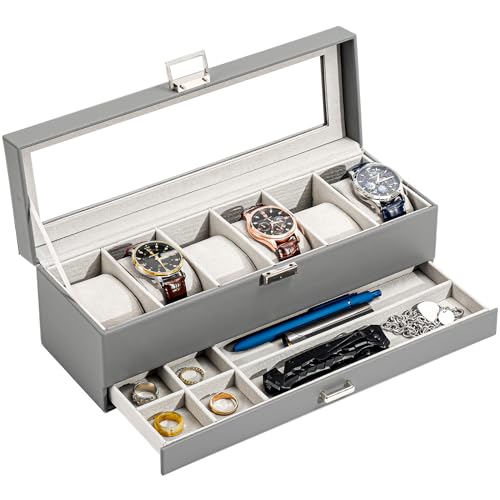 ProCase Watch Box for Men, 6 Slot Watch Display Case with Drawer, Mens Watch Case With Glass Lid, 2-Layer Jewelry and Watch Storage Watch Holder Organizer for Men Women -6 Slot, Grey - Image 1