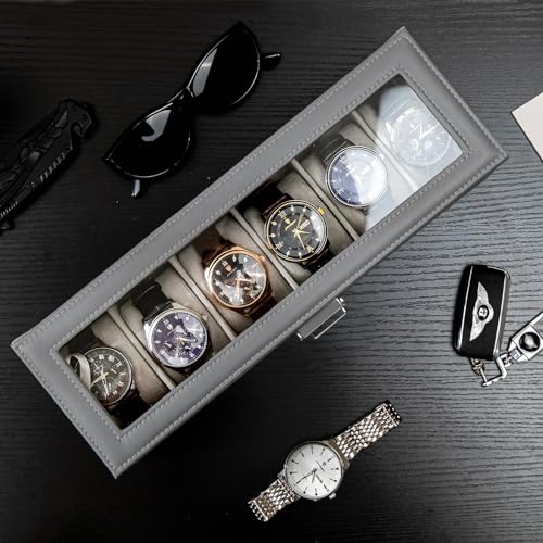 ProCase Watch Box for Men, 6 Slot Watch Display Case with Drawer, Mens Watch Case With Glass Lid, 2-Layer Jewelry and Watch Storage Watch Holder Organizer for Men Women -6 Slot, Grey - Image 2