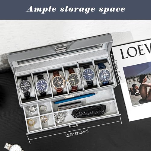 ProCase Watch Box for Men, 6 Slot Watch Display Case with Drawer, Mens Watch Case With Glass Lid, 2-Layer Jewelry and Watch Storage Watch Holder Organizer for Men Women -6 Slot, Grey - Image 3