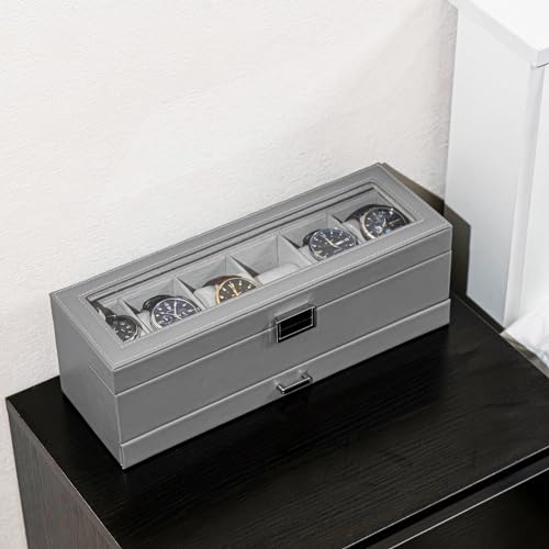 ProCase Watch Box for Men, 6 Slot Watch Display Case with Drawer, Mens Watch Case With Glass Lid, 2-Layer Jewelry and Watch Storage Watch Holder Organizer for Men Women -6 Slot, Grey - Image 5