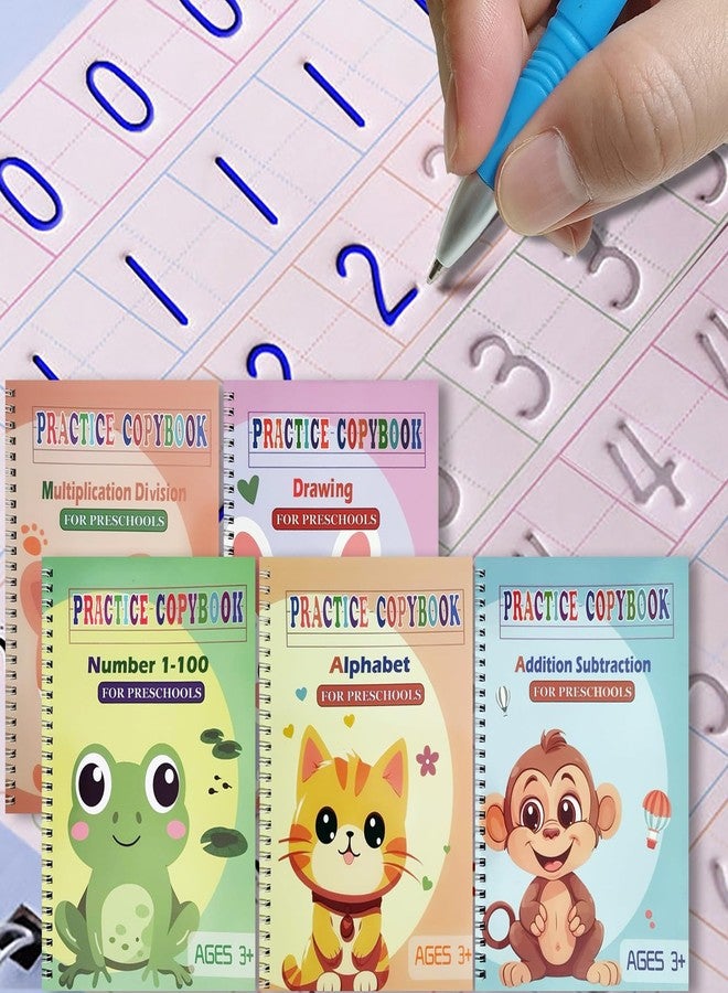 FREKNOW Magic Grooved Practice Copybook 5 Pack with Pens, Groove Reusable Magical Handwriting Workbooks, Tracing Letters Numbers, Math, Nursery Sight Words for Kids Ages 3-8 Years for Preschool (5books + - Image 1