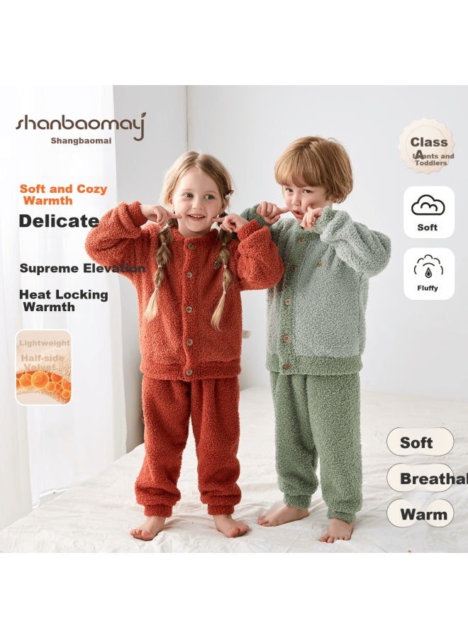 Shanbaomay Autumn Winter Half Velvet Children's Pajama Set Warm Thick Fleece Boys And Girls Homewear Set Cream Blue 140cm - Image 1