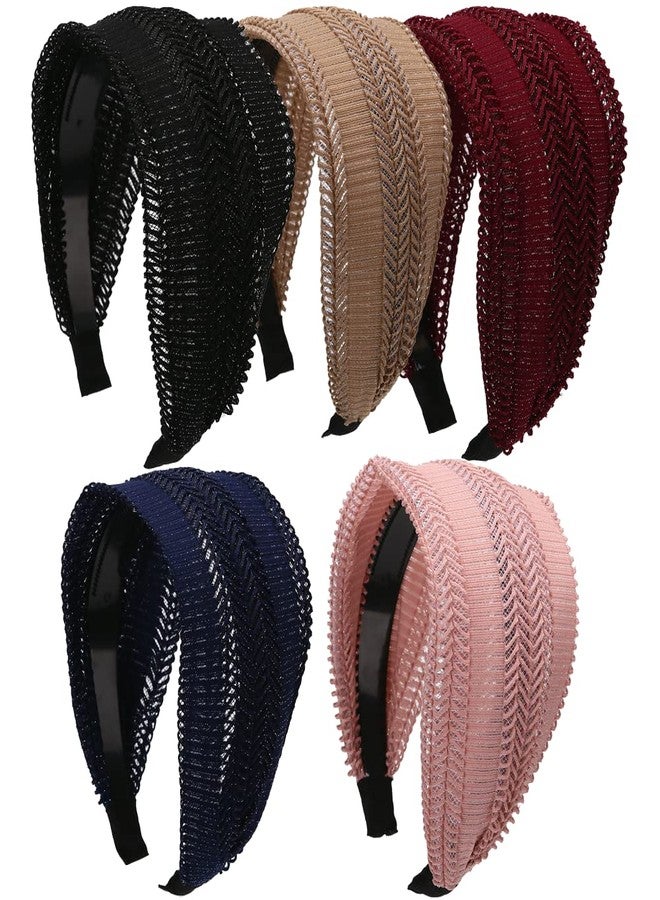 LONEEDY 5 Pack Glitter Wide Headbands for Women Hard Hair Band Velvet Fabric with Teeth for Girls Hair Accessories (5pcs Hollow-out Mix Color) - Image 2