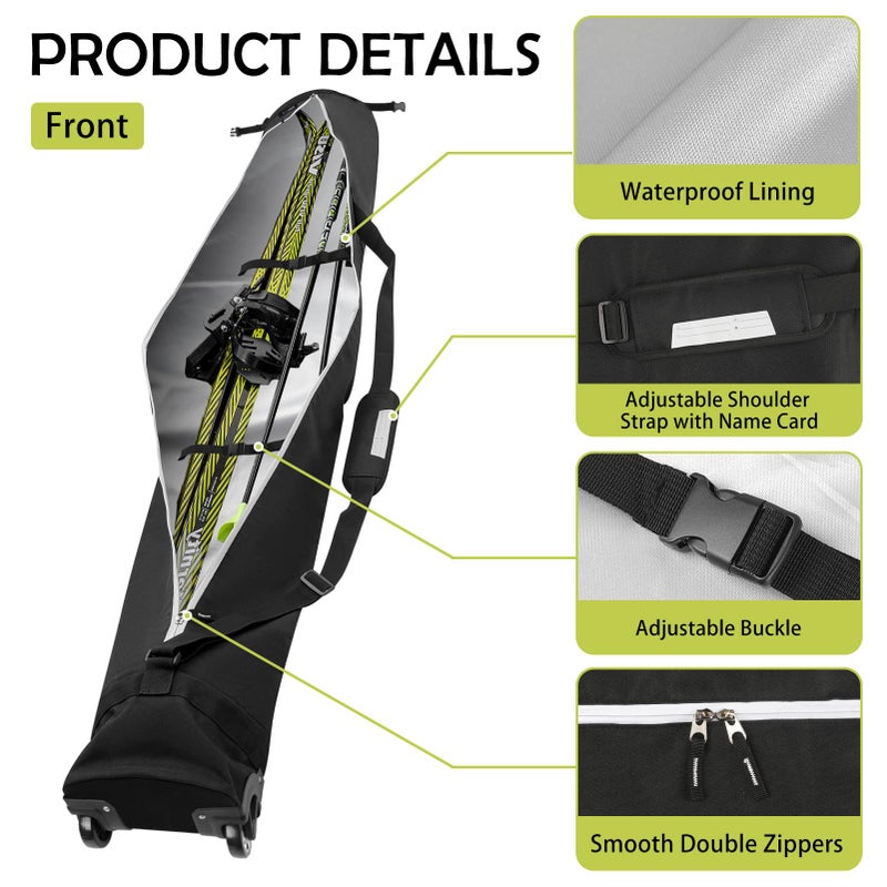 AzReference Padded Ski Bag with Wheels, Roller Ski Bag, Snow Ski Bags for Air Travel, Store & Transport Double Skis up to 200cm - Image 3