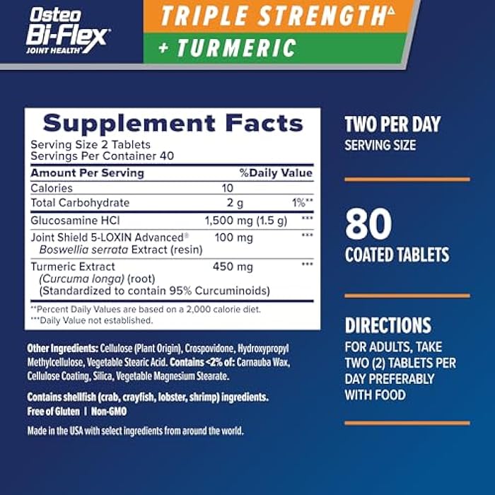 Osteo Bi-Flex Triple Strength Glucosamine Supplement with Turmeric Extract, Improve Joint Function, Antioxidant Power, 80 Coated Tablets - Image 2