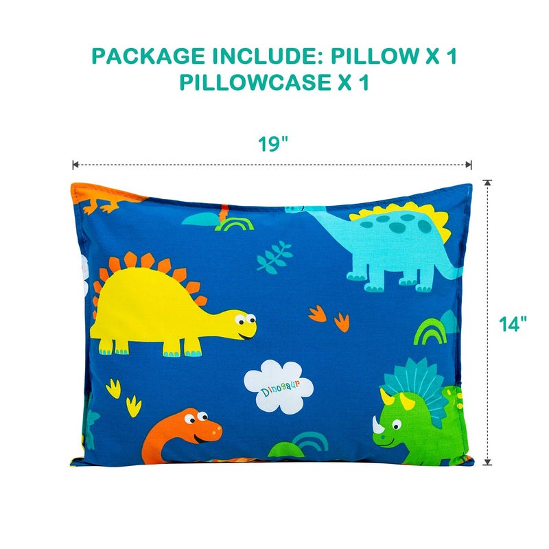 Cottonblue Toddler Pillow with 100% Organic Cotton Pillowcase 14x19, Cottonblue Kids Bedding Pillow for Sleeping, Machine Washable, Boys Pillow and Pillow Cover for Travel, Cot, Bed Set, Blue Dinosaur - Image 3