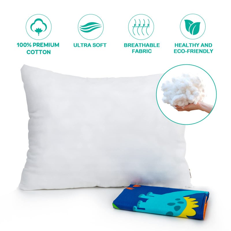 Cottonblue Toddler Pillow with 100% Organic Cotton Pillowcase 14x19, Cottonblue Kids Bedding Pillow for Sleeping, Machine Washable, Boys Pillow and Pillow Cover for Travel, Cot, Bed Set, Blue Dinosaur - Image 2