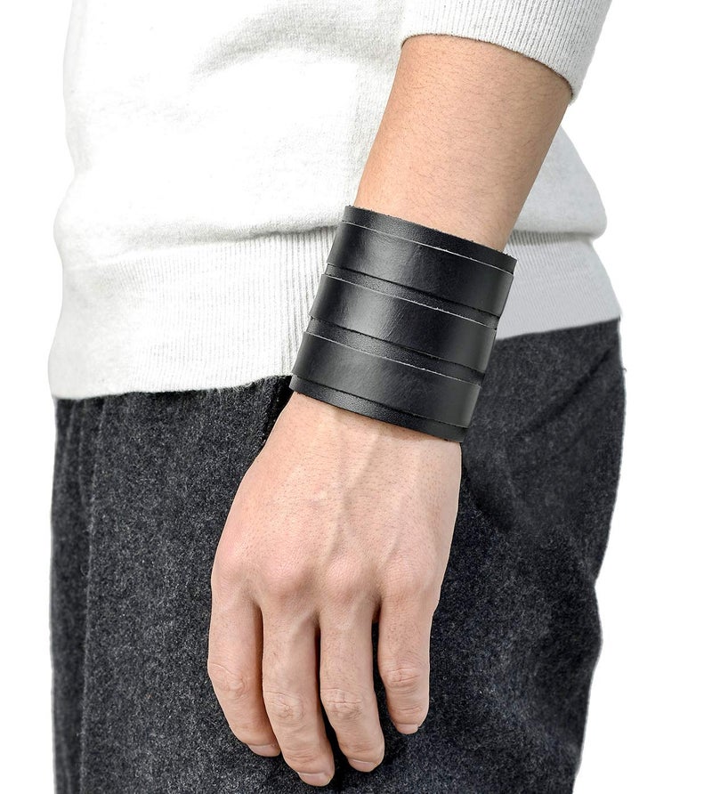 Tornito 2Pcs Genuine Leather Three Wide Strap Bracelet Punk Cuff Gauntlet Biker Arm Armor Bangle Wristband For Women Men Black Brown Size Adjustable - Image 2