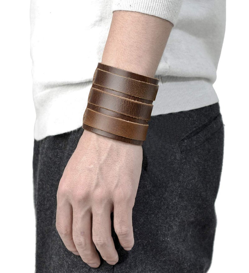 Tornito 2Pcs Genuine Leather Three Wide Strap Bracelet Punk Cuff Gauntlet Biker Arm Armor Bangle Wristband For Women Men Black Brown Size Adjustable - Image 3