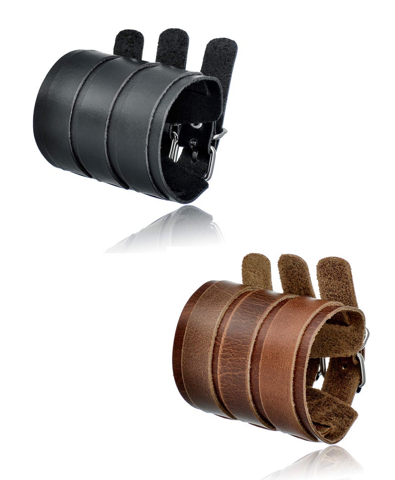 Tornito 2Pcs Genuine Leather Three Wide Strap Bracelet Punk Cuff Gauntlet Biker Arm Armor Bangle Wristband For Women Men Black Brown Size Adjustable - Image 1