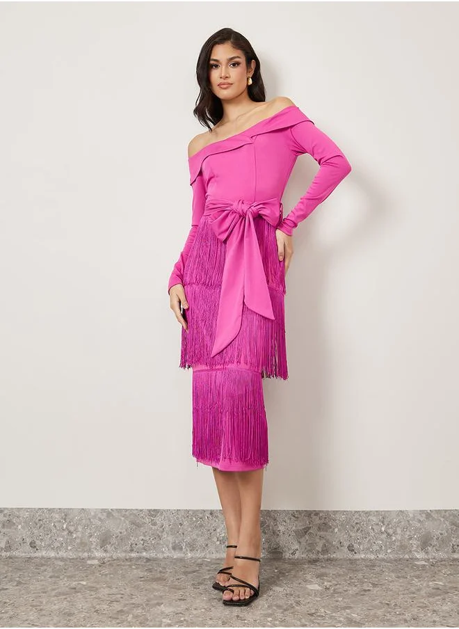 ستايلي Off Shoulder Fringed Bodycon Midi Dress