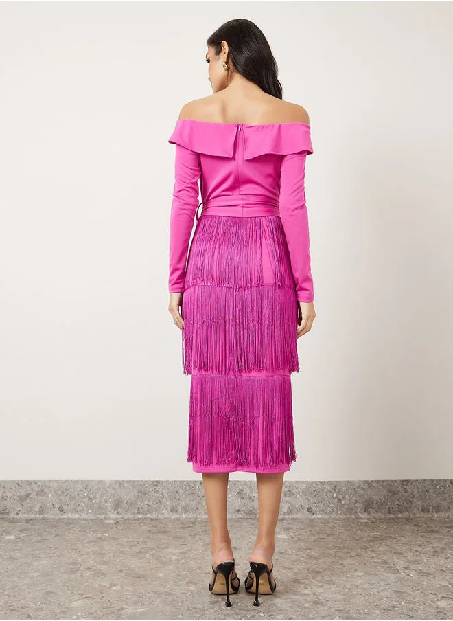 ستايلي Off Shoulder Fringed Bodycon Midi Dress