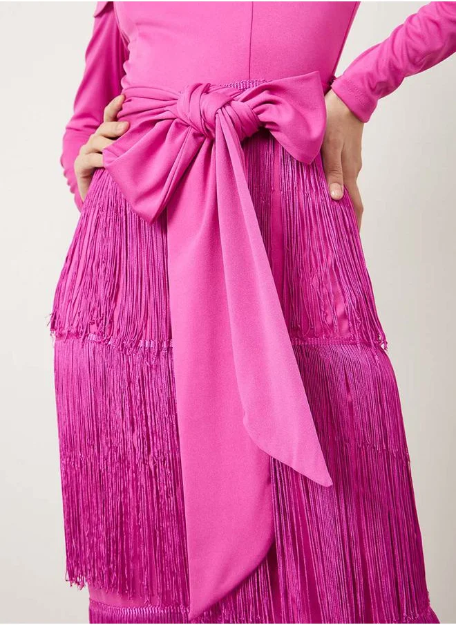 ستايلي Off Shoulder Fringed Bodycon Midi Dress