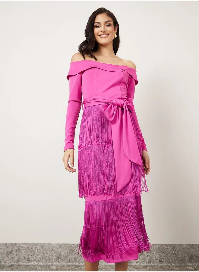 ستايلي Off Shoulder Fringed Bodycon Midi Dress