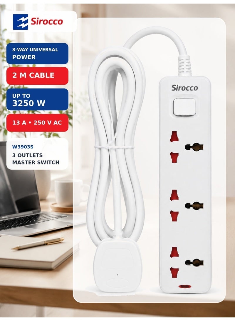 SIROCCO Extension Socket 3 Way Universal With 2M Cable, Suitable For All Electrical Products, Sirocco W3903S - Image 4