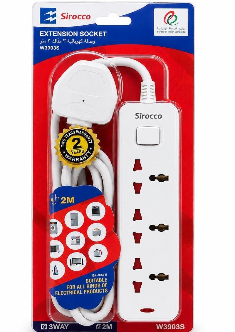 SIROCCO Extension Socket 3 Way Universal With 2M Cable, Suitable For All Electrical Products, Sirocco W3903S - Image 2