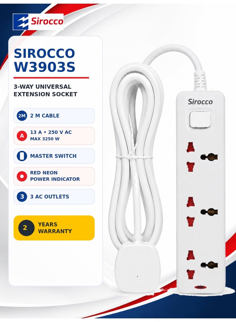 SIROCCO Extension Socket 3 Way Universal With 2M Cable, Suitable For All Electrical Products, Sirocco W3903S - Image 3