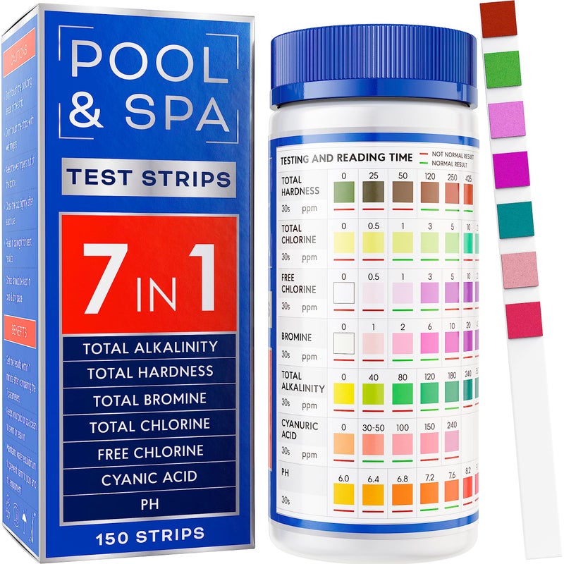 bestprod All-New 2025 Pool and Spa Test Strips 7 in 1 Quick SuperAccurate Swimming 150 Pool Test Kit - Hot Tub Test Strips & Pool Water Testing Strips for pH Chlorine Bromine Hardness Alkalinity Cyanuric Acid - Image 1