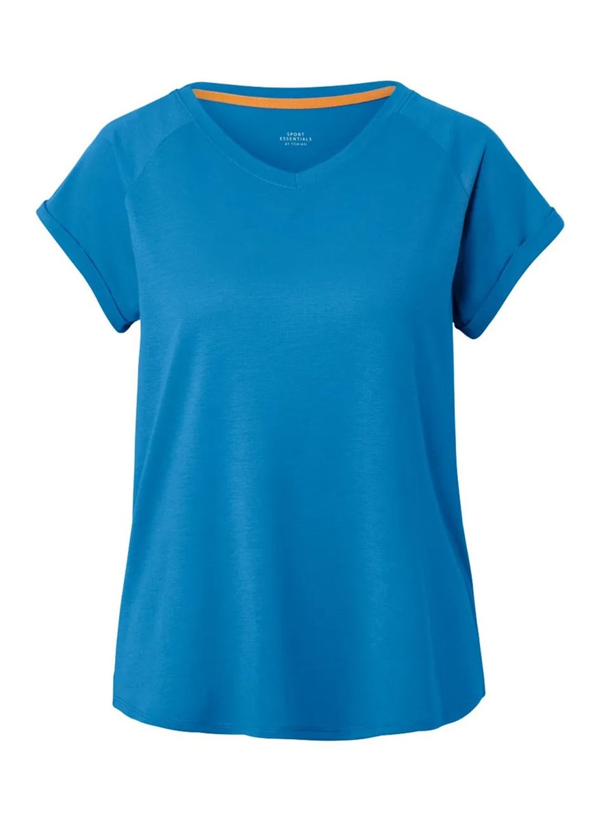 Tchibo Women V-Neck Short Sleeves Plain T-Shirt, Blue  - Image 2