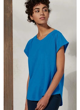 Tchibo Women V-Neck Short Sleeves Plain T-Shirt, Blue  - Image 1