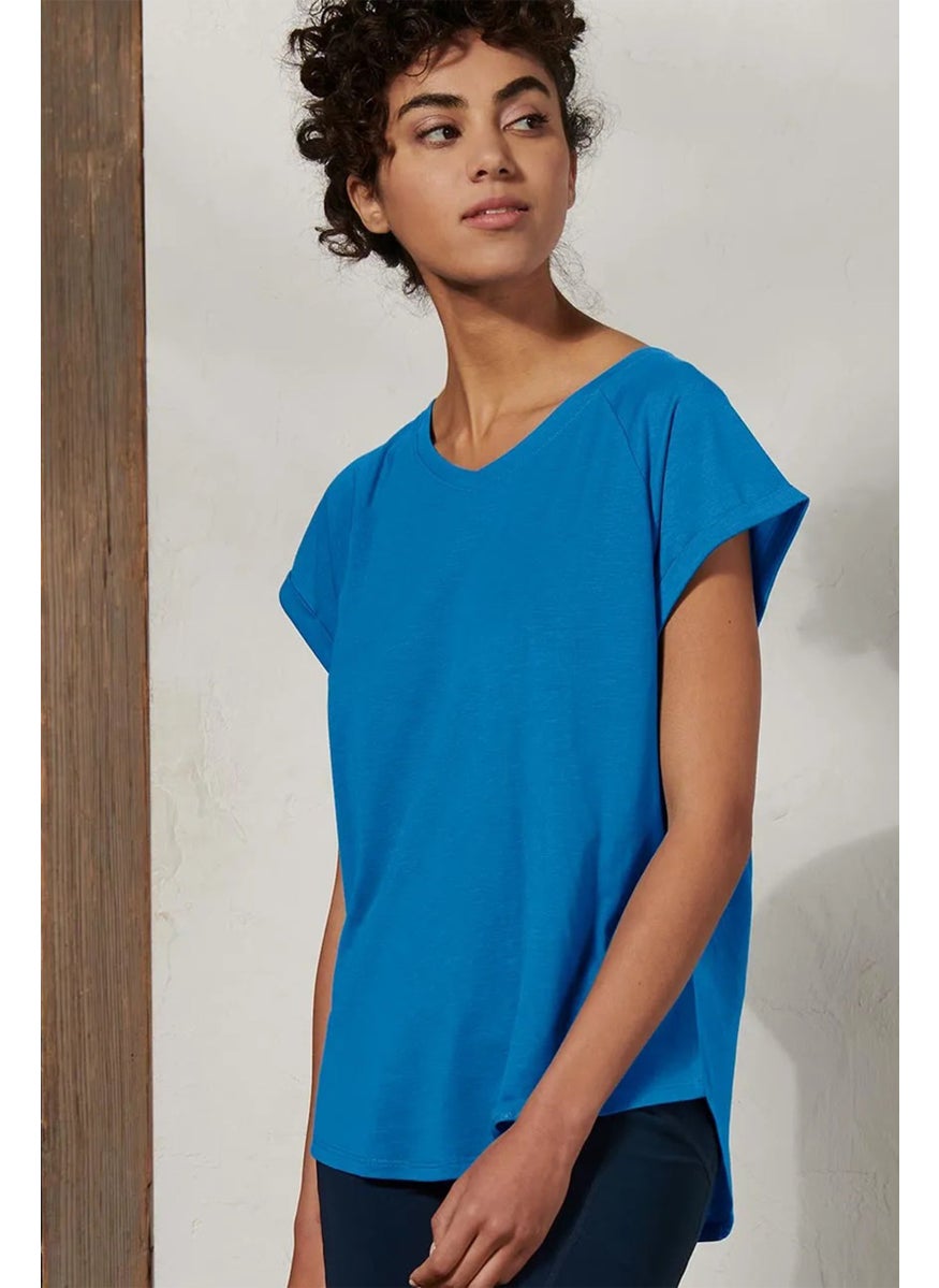 Tchibo Women V-Neck Short Sleeves Plain T-Shirt, Blue  - Image 1