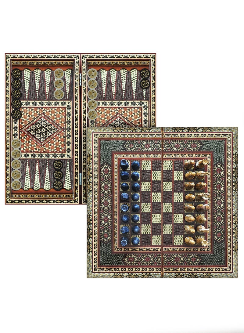 MARGOUN Handmade Persian Khatam Chess Set with Backgammon and Marble Stone Pieces – A Timeless Masterpiece 50x50cm - Image 1
